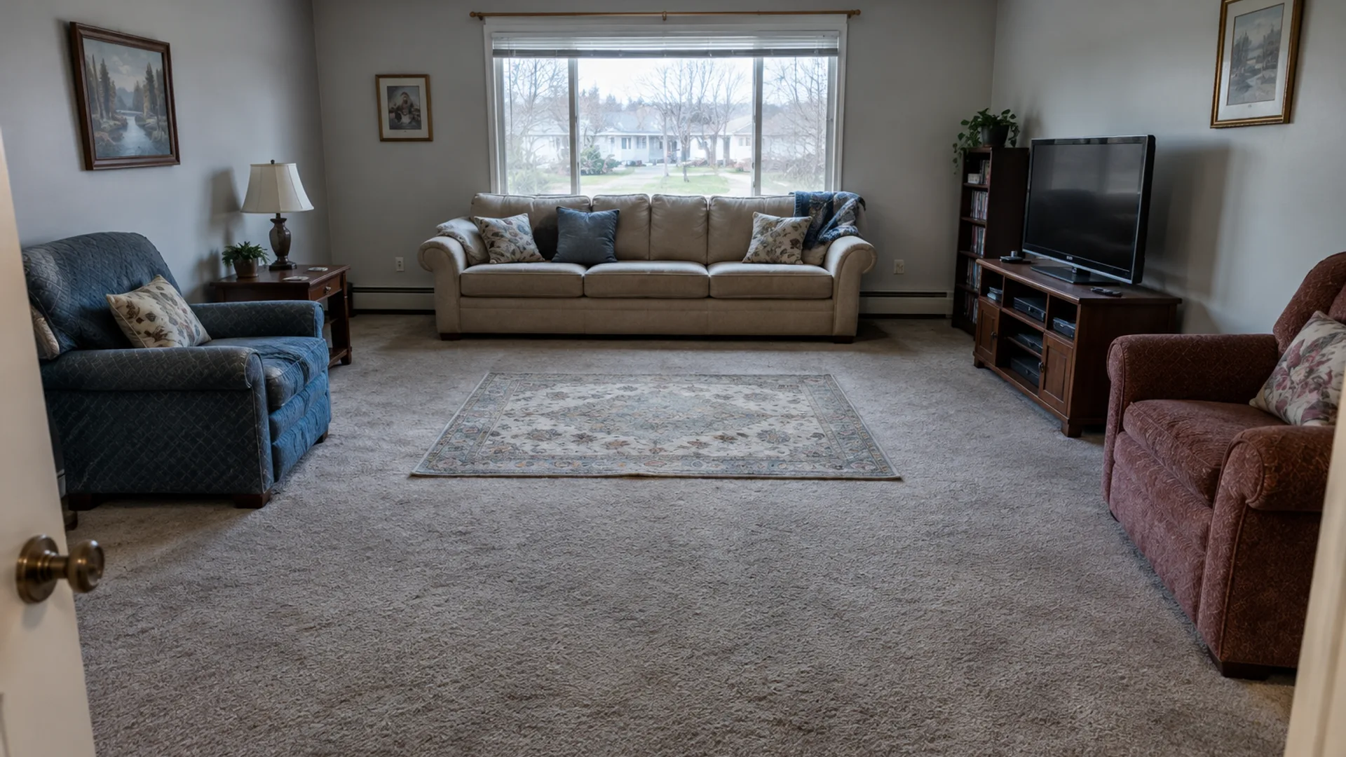 Before: furniture pushed against the walls under one ceiling light