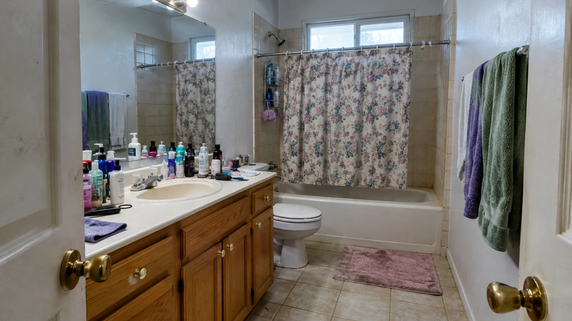 Before: a tired bathroom with an oak vanity
