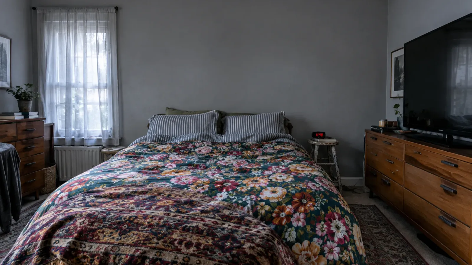 Before: a busy floral duvet and a TV on the dresser