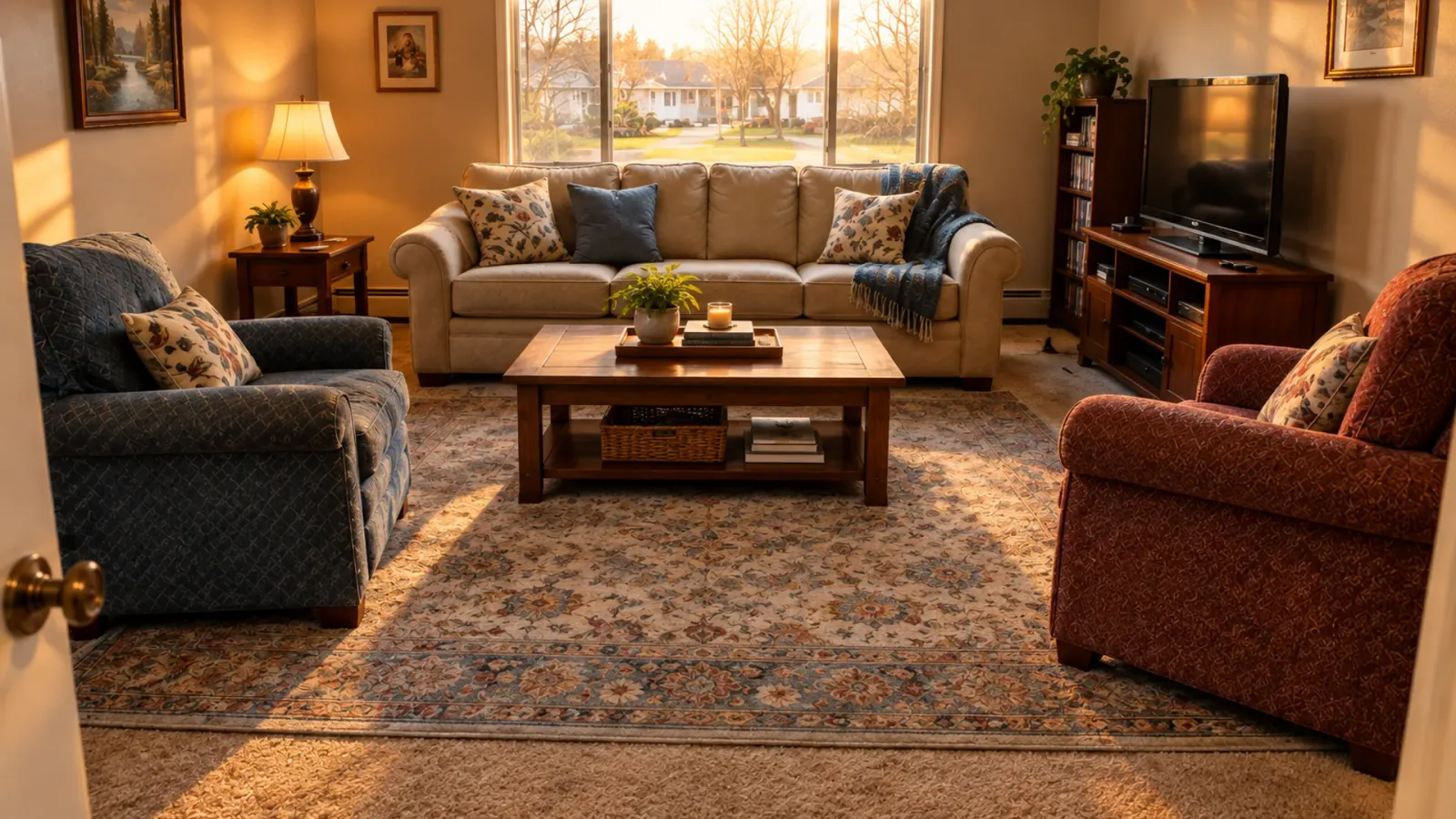 After: the same room, sofa floated, lamps on, a rug down