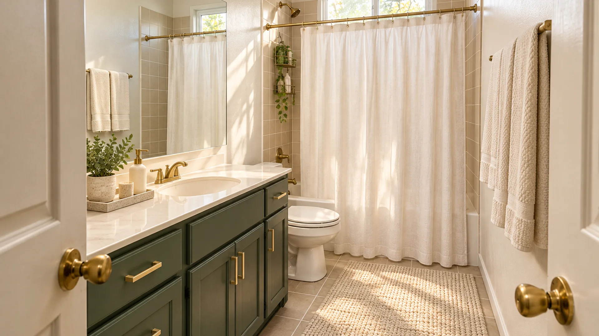 After: the vanity painted sage, clear counters