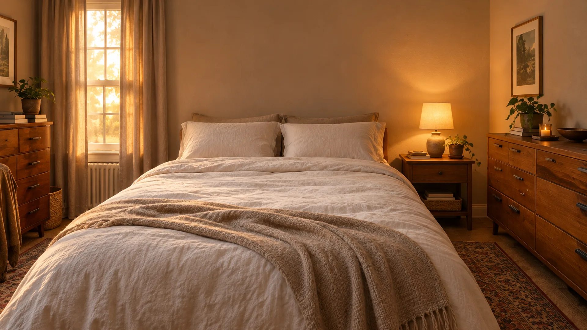 After: calm linen bedding and warm lamps